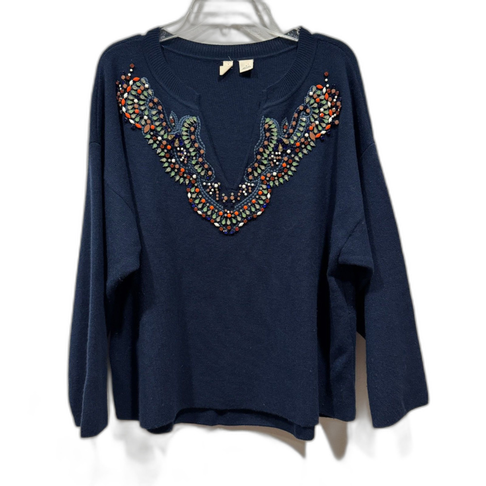 Anthropologie Sweater Embellished Wool Beaded Jewels Navy Preppy Women Medium